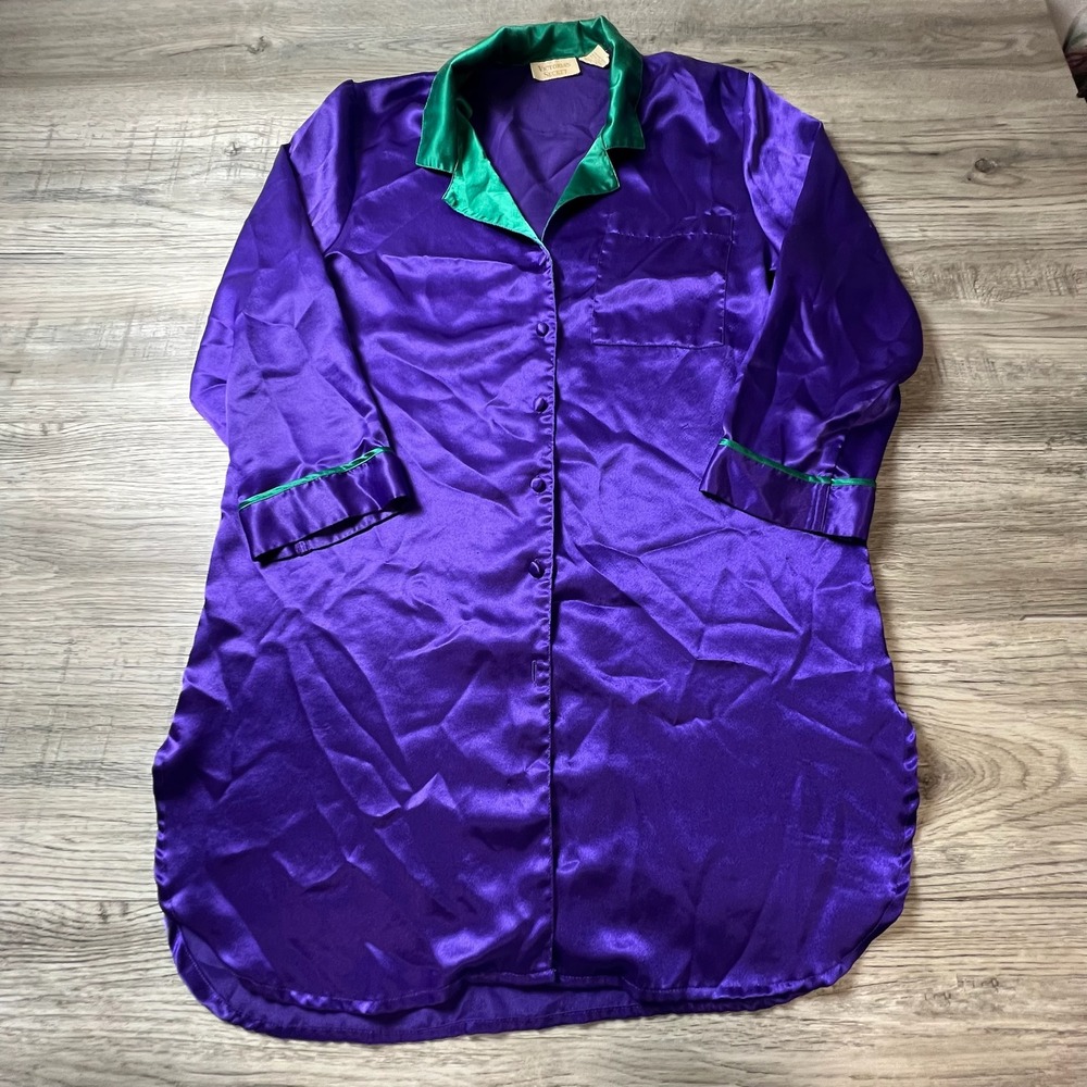 Victoria's Secret Sleep Shirt Womens S Purple Green Satin Button Up Nightgown